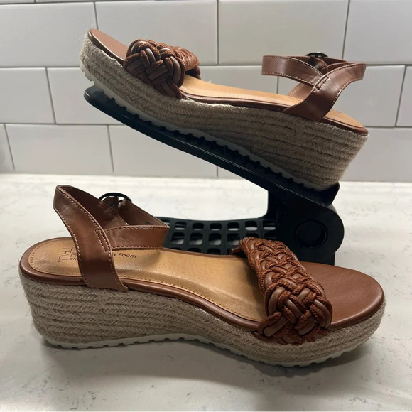 Brown Braided Memory Foam Wedge Espadrille Heel Ankle Strap Sandals Size 8.5 - Picture 2 of 13